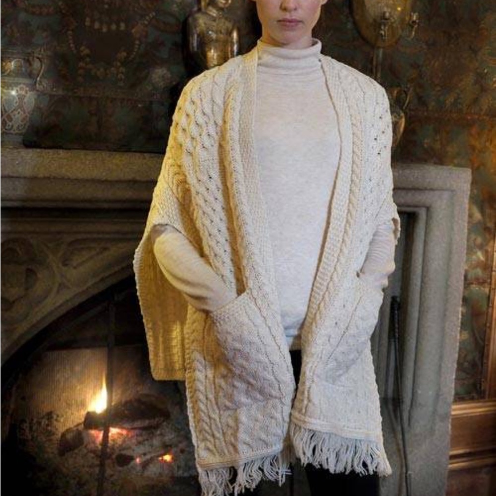 Aran Crafts 100% Merino Wool Knitted Shawl with 2 pockets and Fringe Detail.